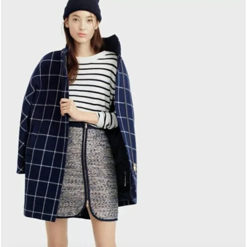 J. Crew Navy Blue Metallic Tweed Front Zip Mini Pencil Skirt Size 10 Office